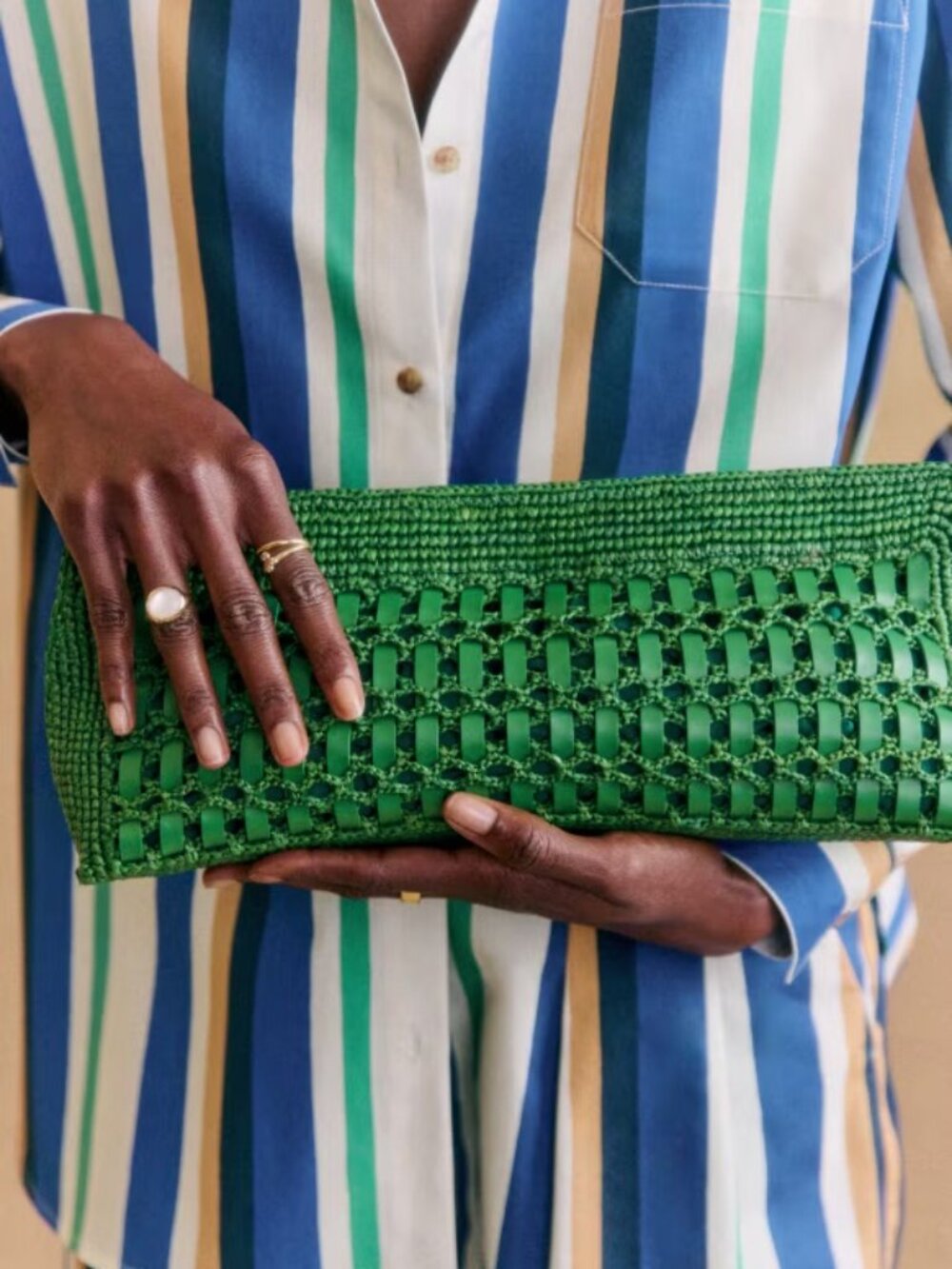 NWT Sezane Carmen Pochette Green Raffia Leather Woven Clutch Bag Vert